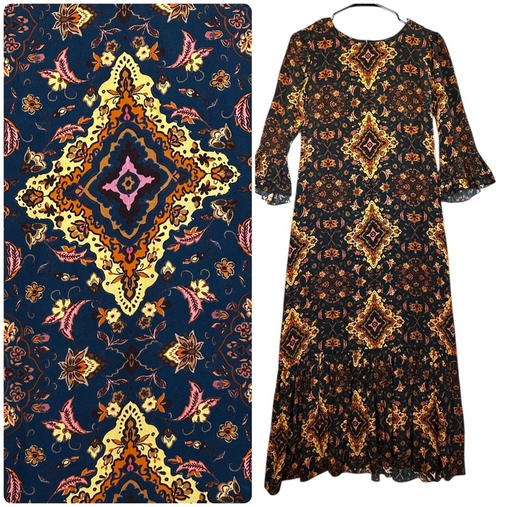 Anthropologie Kachel Tiburon Ruffled Maxi Dress Size 4 Blue Floral EUC